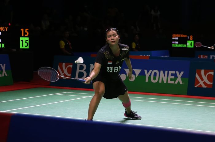 Pebulu tangkis tunggal putri Indonesia, Komang Ayu Cahya Dewi, pada perempat final Indonesia Masters 2023 Super 100 di GOR Pancing, Medan, Sumatera Utara, Jumat (8/9/2023).