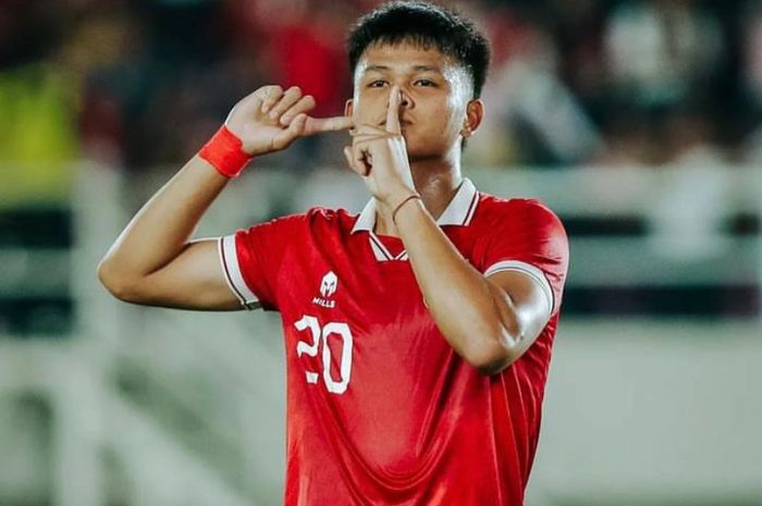 Selebrasi Hokky Caraka usai mencetak gol dalam laga Grup K Kualifikasi Piala Asia U-23 2023 antara timnas U-23 Indonesia vs Taiwan U-23 di Stadion Manahan, Solo, Jawa Tengah, Sabtu (9/9/2023).