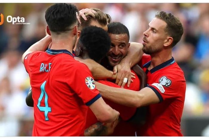 Para pemain timnas Inggris merayakan gol yang dibuat oleh Kyle Walker (dua dari kanan) ke gawang timnas Ukraina pada laga Grup C Kualifikasi Euro 2024, Santu (10/9/2023)