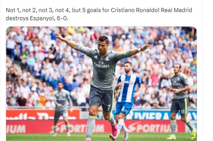 Cristiano Ronaldo mencetak 5 gol dalam kemenangan 6-0 Real Madrid atas Espanyol untuk menjadi raja gol klub di La Liga, 12 September 2015.
