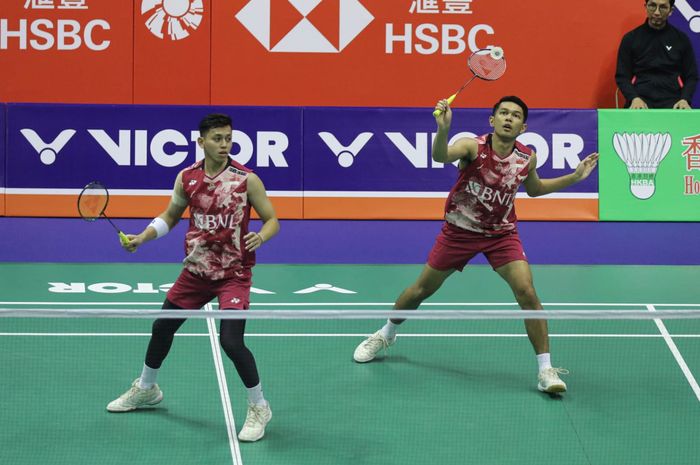 Pasangan ganda putra Indonesia, Fajar Alfian/Muhammad Rian Ardianto, pada babak pertama Hong Kong Open 2023 di Hong Kong Coliseum, Selasa (12/9/2023).