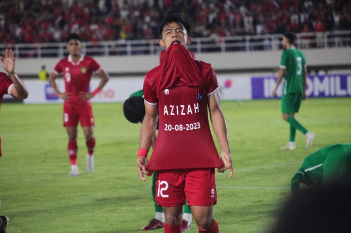 Selebrasi bucin Pratama Arhan ketika laga timnas U-23 Indonesia Vs Turkmenistan di Kualifikasi Piala Asia U-23 2024.