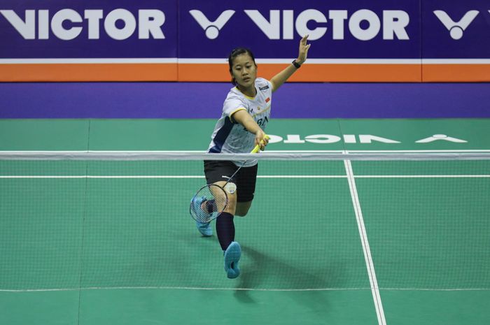 Pebulu tangkis tunggal putri Indonesia, Putri Kusuma Wardani, pada babak pertama Hong Kong Open 2023 di Hong Kong Coliseum, Rabu (13/9/2023).