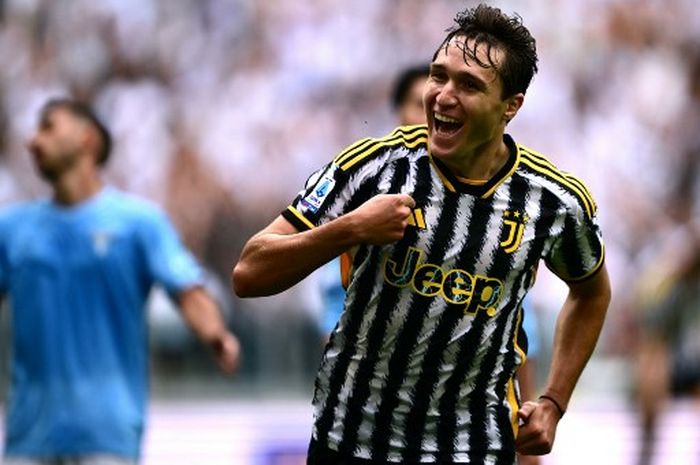 Penyerang Juventus, Federico Chiesa, merayakan gol yang dicetaknya ke gawang Lazio dalam laga pekan ke-4 Liga Italia, Sabtu (16/9/2023) di Juventus Stadium, Turin.