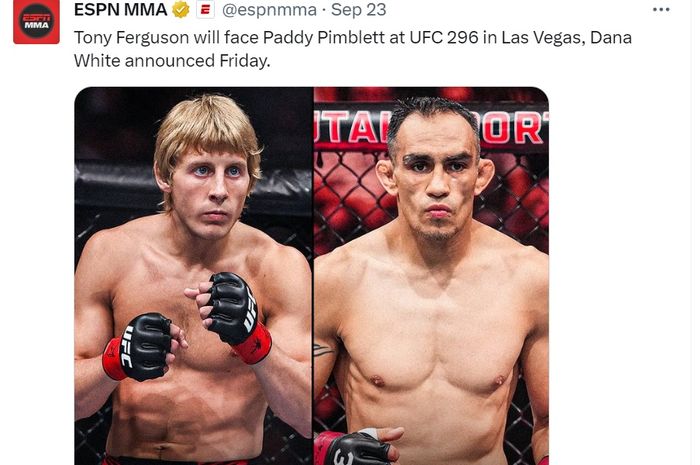 Unggahan ESPN di media sosial soal rencana pertarungan antara Tony Ferguson dengan Paddy Pimblett di UFC 296.