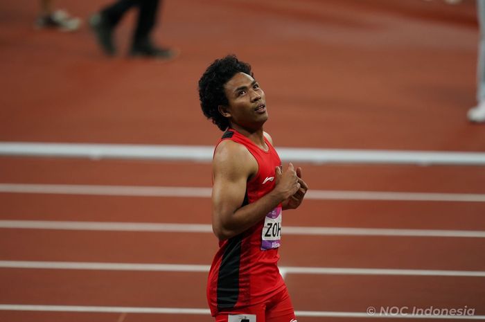 Sprinter Indonesia, Lalu Muhammad Zohri, saat tampil pada final lari 100m putra Asian Games 2022 di  Hangzhou Olympic Sports Centre Stadium, China, 30 September 2023.