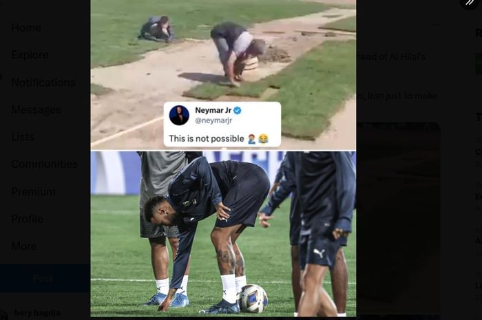 Reaksi Neymar mengomentari kondisi buruk rumput Stadio Azadi, Iran, jelang duel Liga Champions Asia antara Nassaji melawan Al Hilal (3/10/2023). Lapangan ini pernah bikin Cristiano Ronaldo marah karena teksturnya yang buruk.