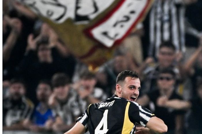 Pemain Juventus, Federico Gatti, melakukan selebrasi usai mencetak gol ke gawang Torino dalam laga pekan kedelapan Liga Italia 2023-2024 di Allianz Stadium, Minggu (7/10/2023)