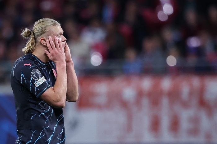 Reaksi Erling Haaland dalam duel Man City melawan RB Leipzig di Liga Champions (4/10/2023).