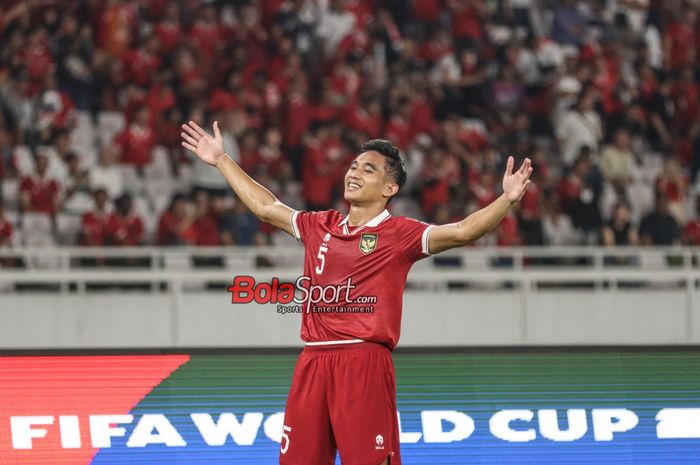 Rizky Ridho sedang melakukan selebrasi seusai mencetak gol laga Kualifikasi Piala Dunia 2026 antara timnas Indonesia versus timnas Brunei Darussalam di Stadion Utama Gelora Bung Karno, Senayan, Jakarta, Kamis (12/10/2023).