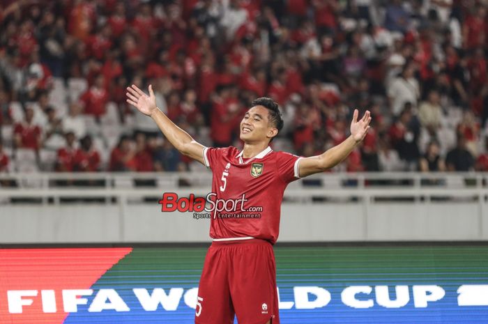 Rizky Ridho sedang melakukan selebrasi seusai mencetak gol laga Kualifikasi Piala Dunia 2026 antara timnas Indonesia versus timnas Brunei Darussalam di Stadion Utama Gelora Bung Karno, Senayan, Jakarta, Kamis (12/10/2023).