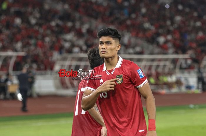 Ramadhan Sananta sedang melakukan selebrasi seusai mencetak gol dalam laga Kualifikasi Piala Dunia 2026 antara timnas Indonesia versus timnas Brunei Darussalam di Stadion Utama Gelora Bung Karno, Senayan, Jakarta, Kamis (12/10/2023).