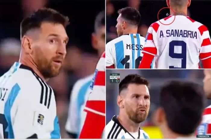 Megabintang Argentina, Lionel Messi, memberikan reaksi setelah pemain Paraguay Antonio Sanabria dianggap telah meludahinya.