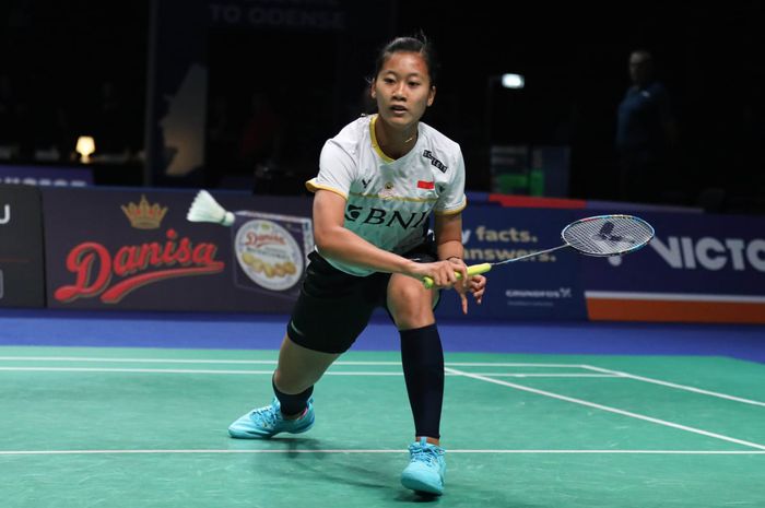 Tunggal putri Indonesia, Putri Kusuma Wardani, saat tampil pada babak pertama Denmark Open 2023 di Jyske Bank Arena, Odense, Denmark, 18 Oktober 2023.