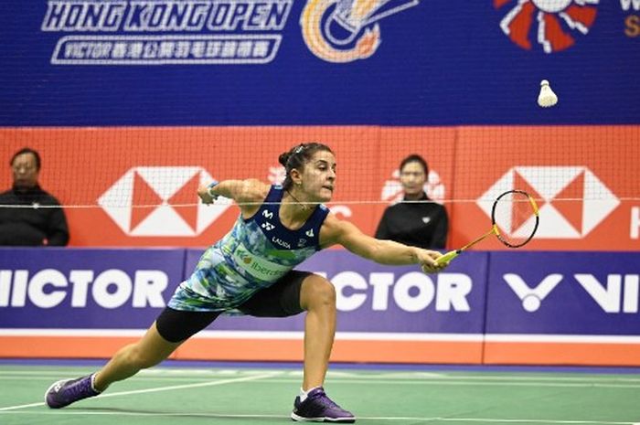 Pebulu tangkis tunggal putri Spanyol, Carolina Marin, saat tampil pada perempat final Hong Kong Open 2023 di Kowloon, Hong Kong, 15 September 2023.