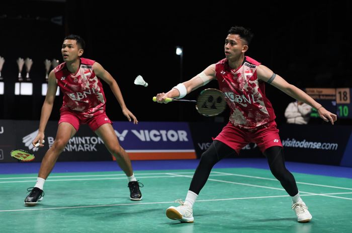 Pasangan ganda putra Indonesia, Fajar Alfian/Muhammad Rian Ardianto, pada perempat final Denmark Open 2023 di Jsyke Bank Arena, Odense, Denmark, Jumat (20/10/2023) malam.