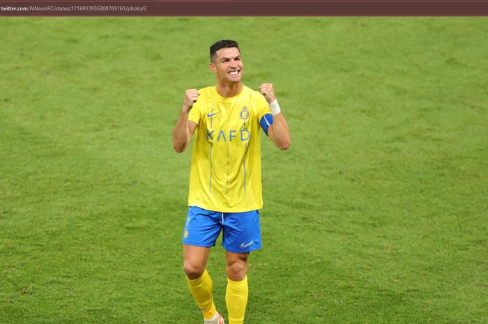 Cristiano Ronaldo merayakan gol untuk Al Nassr ke gawang Al Duhail pada matchday 3 Liga Champions Asia 2023-2024 di Stadion Al Awwal Park, Selasa (24/10/2023).