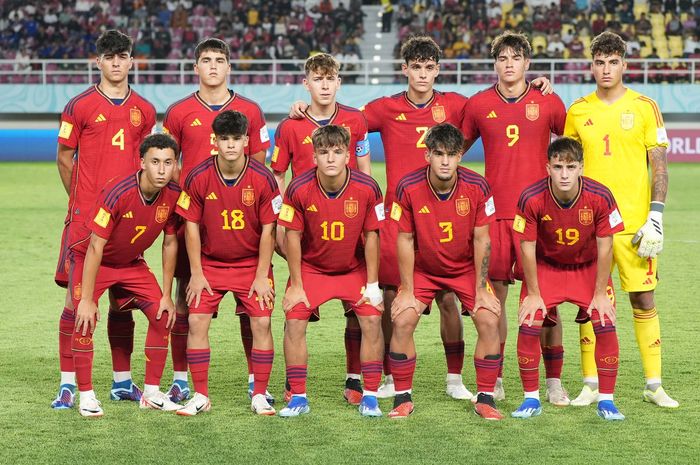 Kesebelasan Timnas U-17 Spanyol, di laga Timnas Kanada U-17 melawan Timnas U-17 Spanyol pada babak pertama penyisihan grup B Piala Dunia U-17 2023 di Stadion Manahan, Surakarta, Jumat (10/11/2023).