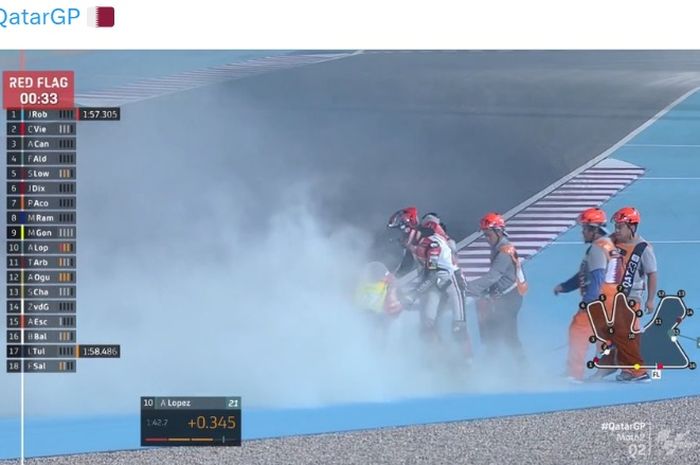 Masalah teknis yang dialami Alex Escrig membuat bendera merah dikibarkan jelang kualifikasi Moto2 Qatar 2023 selesai.