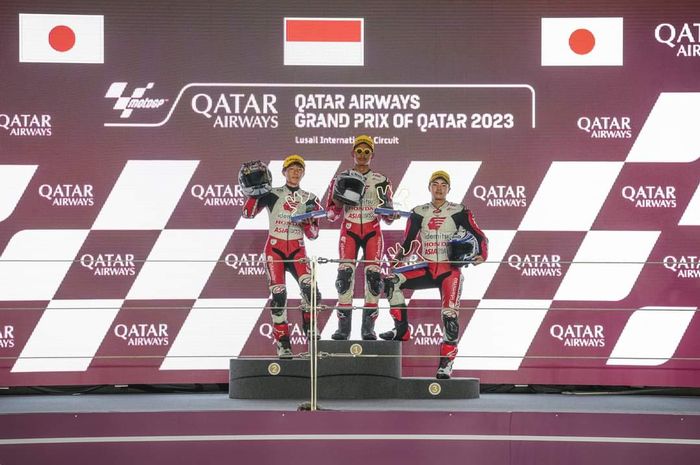 Pembalap Indonesia, Veda Ega Pratama, berhasil juara di seri keenam IATC (Idemitsu Asia Talent Cup) 2023 di sela-sela MotoGP Qatar 2023 di Sirkuit Losail, Qatar, Sabtu (18/11/2023)