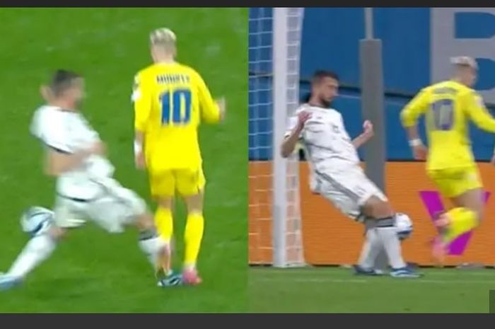 Momen Mykhailo Mudryk jatuh akibat kontak dengan Bryan Cristante, timnas Italia tidak dihukum penalti dalam laga kontra timnas Ukraina pada Kualifikasi Euro 2024 di Stadion BayArena, Leverkusen (20/11/2023).