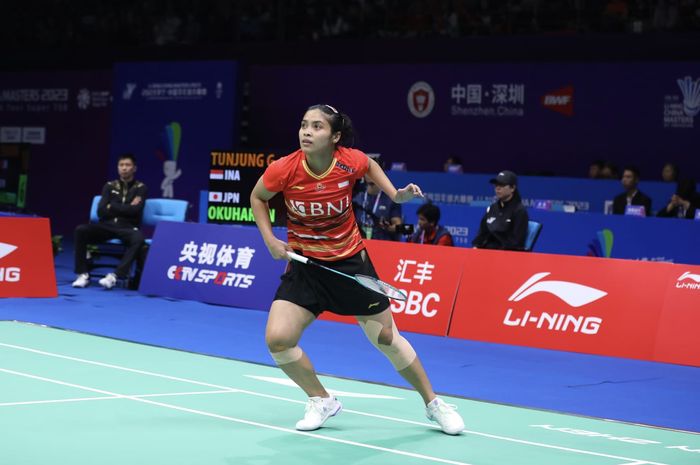 Pebulu tangkis tunggal putri Indonesia, Gregoria Mariska Tunjung, pada babak kedua China Masters 2023 di Shenzhen Bay Gymnasium, Kamis (23/11/2023).