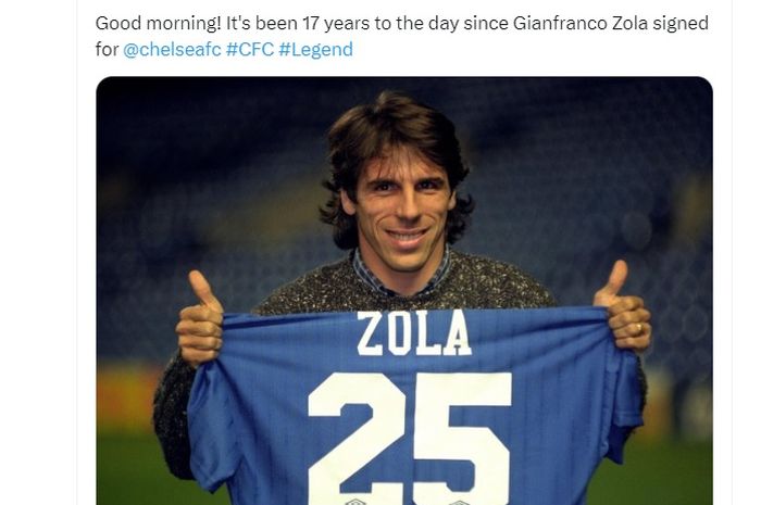 Legenda Chelsea, Gianfranco Zola, mencetak gol pertamanya untuk klub Liga Inggris itu pada 7 Desember 1996.