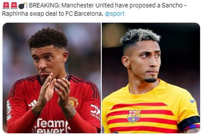 Manchester United berencana melakukan tukar guling Jadon Sancho dengan winger Barcelona, Raphinha, pada bursa transfer musim dingin Januari 2024.