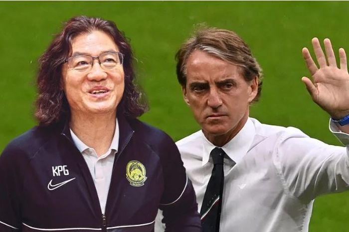 Pelatih Timnas Malaysia Kim Pan-gon (kiri) dan pelatih Arab Saudi Roberto Mancini.