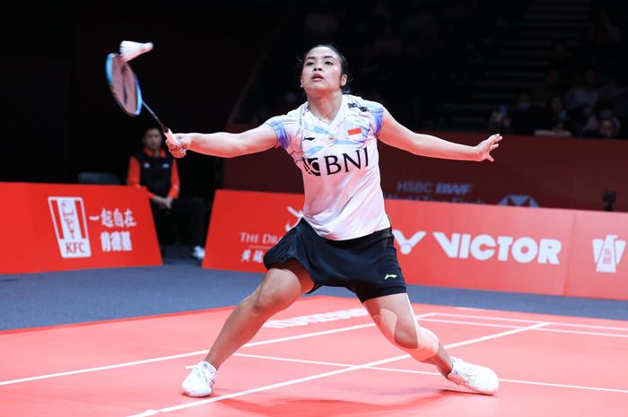 Pebulu tangkis tunggal putri Indonesia, pada laga kedua grup BWF World Tour Finals 2023 di Hangzhou Sports Center Gymnasium, China, Kamis (14/12/2023).