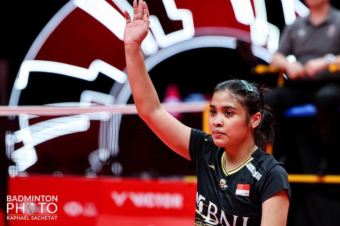 Ekspresi tunggal putri Indonesia, Gregoria Mariska Tunjung, saat tampil pada laga terakhir babak fase grup A BWF World Tour Finals 2023, Jumat, 15 Desember 2023