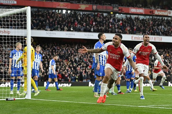 Gabriel Jesus merayakan gol untuk Arsenal ke gawang Brighton &amp; Hove Albion dalam laga Liga Inggris di Emirates Stadium London (17/12/2023).