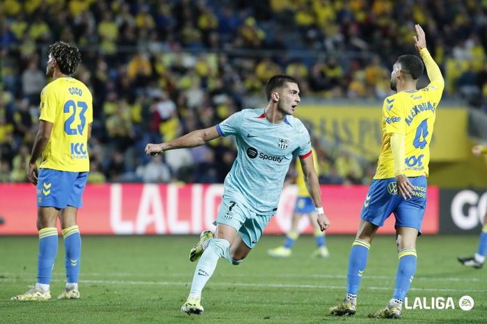 Winger Barcelona, Ferran Torres, merayakan gol ke gawang Las Palmas pada jornada 19 Liga Spanyol 2023-2024 di Estadio Gran Canaria, Kamis (4/1/2024).