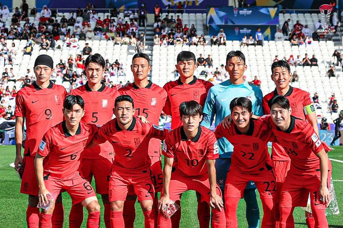 Skuad timnas Korea Selatan saat melawan Bahrain dalam laga perdana Piala Asia 2023, Senin (15/1/2024).