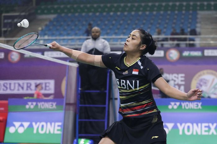 Tunggal putri Indonesia, Gregoria Mariska Tunjung saat tampil pada babak 32 besar India Open 2024 di K. D Jadhav Indoor Hall, New Delhi, India, Selasa (16/1/2024).