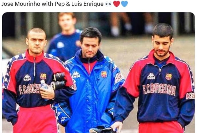 Momen lawas saat Jose Mourinho (tengah) diapit Luis Enrique (kiri) dan Pep Guardiola saat masih sama-sama di Barcelona. Usai dipecat AS Roma, Mourinho dihadapkan dengan skenario gila untuk menggantikan Xavi di Barca.
