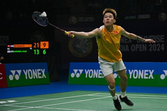 Pebulu tangkis tunggal putra Hong Kong, Lee Cheuk Yiu, pada semifinal India Open 2024 di K.D.Jadhav Indoor Hall, Indira Gandhi Sports Complex, New Delhi, Sabtu (20/1/2024).