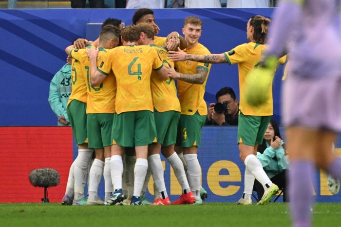 Para pemain Australia saat melakukan selebrasi seusai mencetak gol