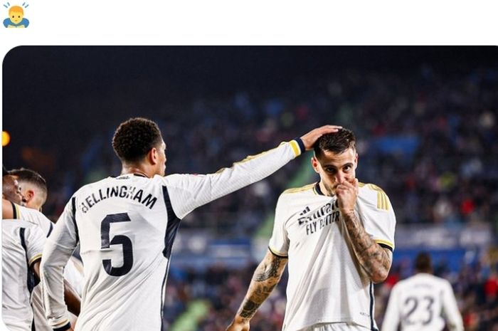 Aksi striker Real Madrid, Joselu, pada laga lanjutan Liga Spanyol melawan Getafe di Stadion Coliseum, Kamis (1/2/2024).