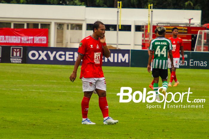 Wawan Febrianto dalam laga Malut United FC vs Deltras FC di Grup Y LIga 2, Sabtu (3/2/2024) di Stadion Madya, Jakarta.
