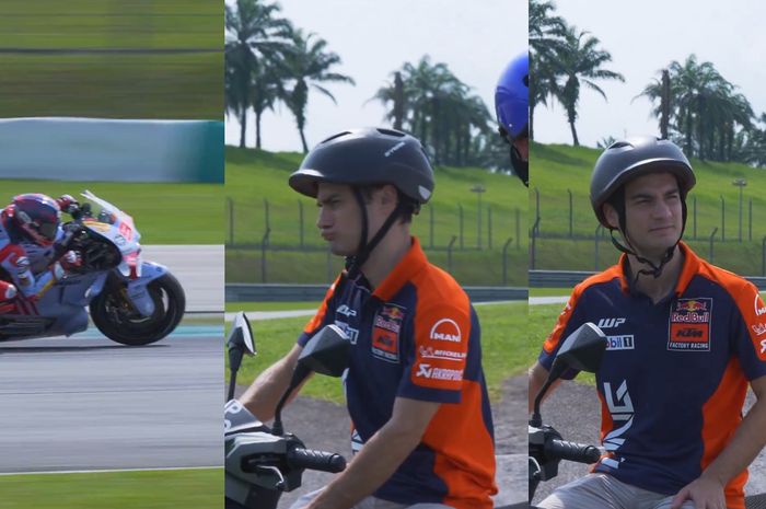 Kolase potongan video tes pramusim MotoGP yang diunggah akun media sosial Gresini Racing. Tampak ekspresi lucu Dani Pedrosa setelah melihat Marc Marquez lewat dengan motor dan seragam Gresini.