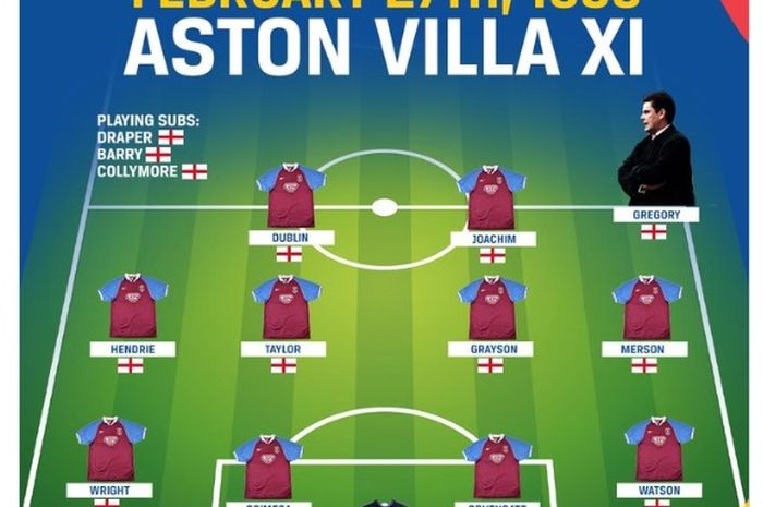 Starting XI Aston Villa yang semuanya merupakan orang asli Inggris pada 27 Februari 1999.