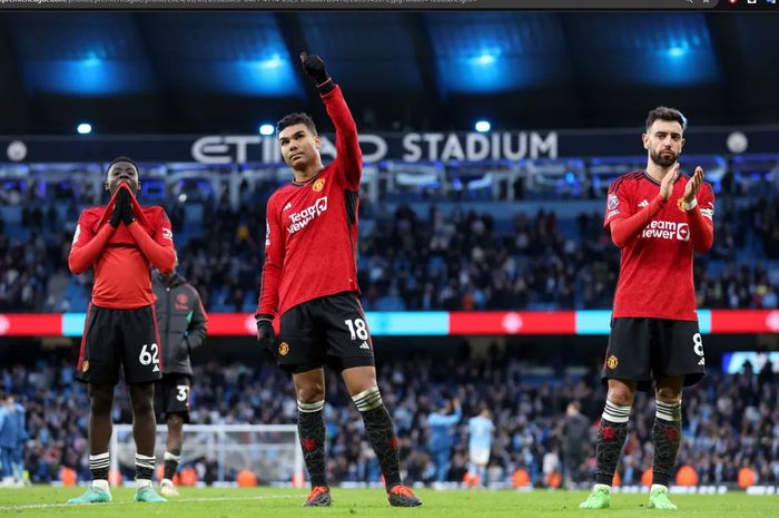 Manchester United menelan kekalahan saat berkunjung ke markas Manchester City di Stadion Etihad pada matchweek 27 Liga Inggris 2023-2024, Minggu (3/3/2024).