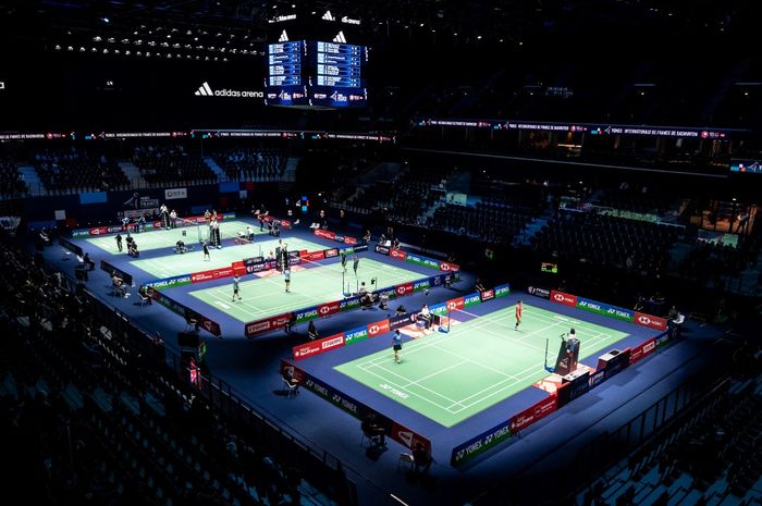 Suasana pertandingan French Open 2024 di Adidas Arena, Paris, Prancis, 5 Maret 2024. Turnamen BWF World Tour ini juga merupakan ajang uji coba untuk Olimpiade Paris 2024 mendatang