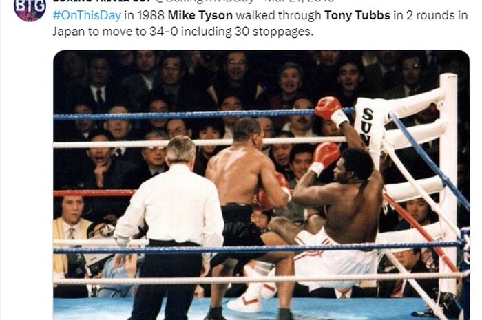 Mike Tyson meng-KO Tony Tubbs di ronde 2 dalam laga tinju kelas berat di Tokyo, Jepang, 21 Maret 1988.