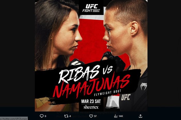 Poster UFC Vegas 89 yang menampilkan pertarungan kelas terbang wanita antara Amanda Ribas dan Rose Namajunas sebagai suguhan utama.