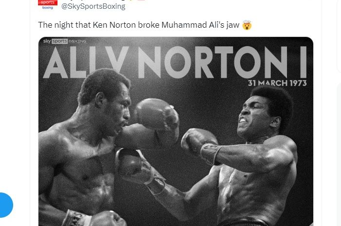 Rahang Muhammad Ali dibuat patah oleh Ken Norton dalam pertarungan yang berlangsung pada 31 Maret 1973 di San Diego.