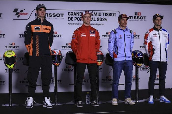Dari kiri ke kanan, Fermin Aldeguer, KTM Pedro Acosta (GasGas Tech3), Marc Marquez (Gresini), dan Miguel Oliveira (Trachouse Racing) saat konferensi pers jelang MotoGP Portugal 2024, 21 Maret.