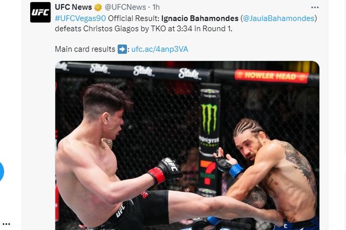 Ignacio Bahamondes mengalahkan Christos Giagos dengan tendangan di UFC Vegas 90, Minggu (7/4/2024) WIB.