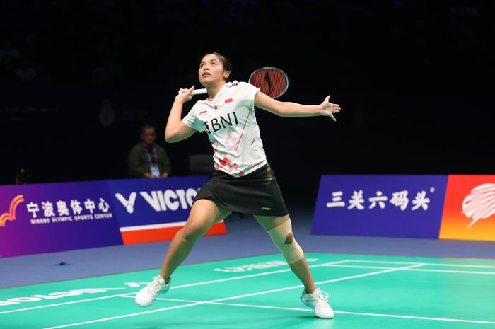 Gregoria Mariska Tunjung saat tampil pada babak perempat final Kejuaraan Asia 2024 di Ningbo Olympic Sports Centre, Ningbo, China, Jumat (12/4/2024).